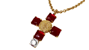 1993 Chanel Red Gripoix Gold Tone Cross Pendant Chain Link Necklace