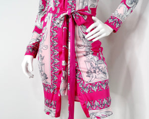 Versace Hot Pink Cutout Baroque Print Long-Sleeve Belted Dress
