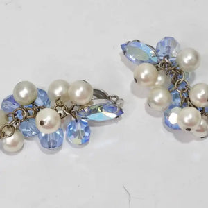 1980s Faux Pearl Blue Rhinestone Dangle Earrings