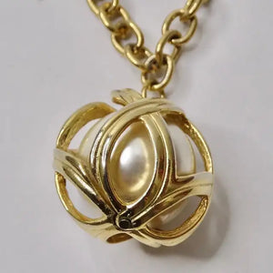 1980s Gold Plated Faux Pearl Cage Pendent Necklace
