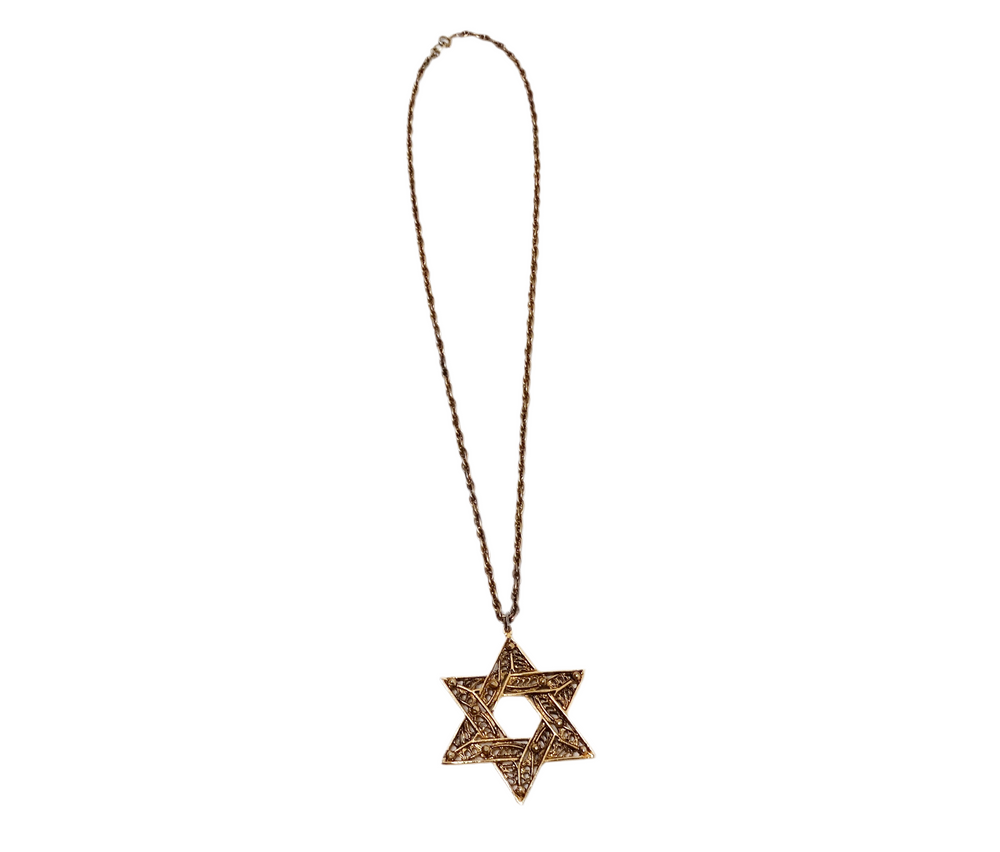 1970s Star of David Filigree 14k Gold Plated Rope Chain Pendant Necklace