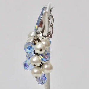 1980s Faux Pearl Blue Rhinestone Dangle Earrings