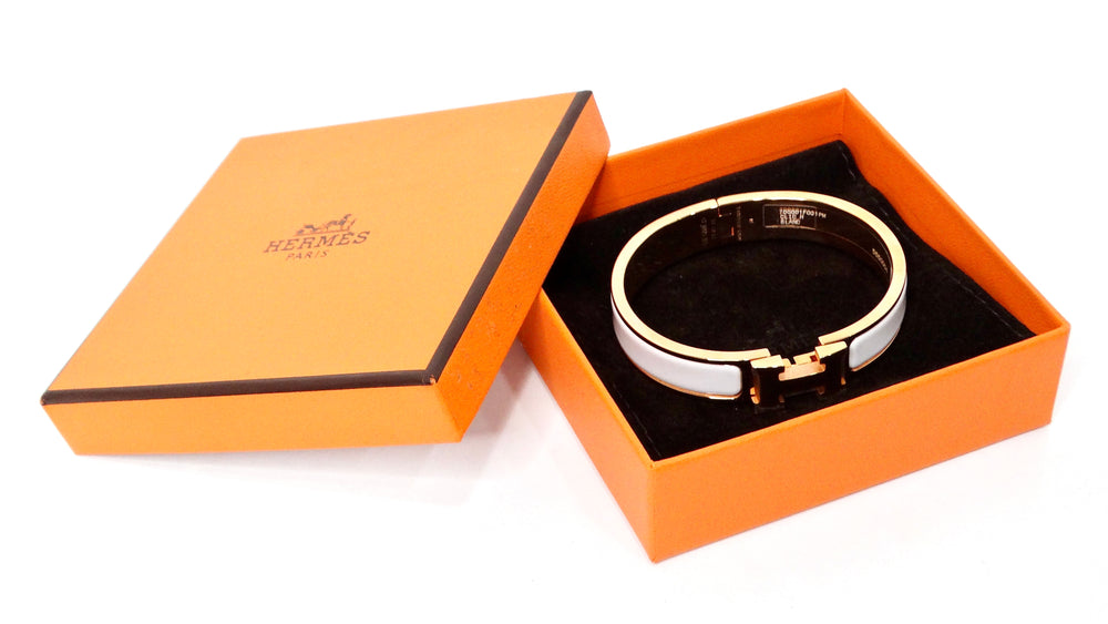 Hermes Clic H 18k Gold Plated & White Enamel Bangle Bracelet