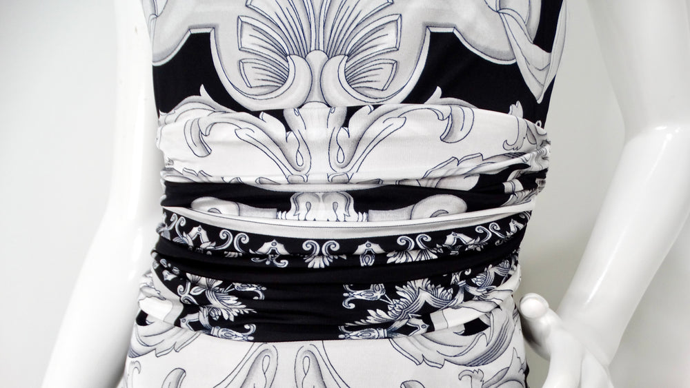 Versace Black & Grey Baroque Print Halter Dress
