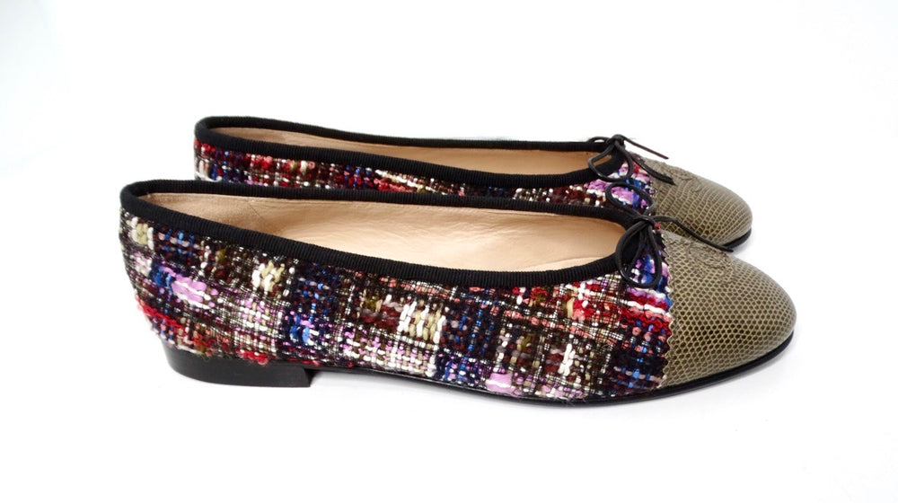 Chanel Tweed Lizard Interlocking CC Cap Toe Ballet Flats