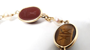 1970s Scarab Carved Multi-Gemstone & Pearl 12k Gold Filled Bracelet