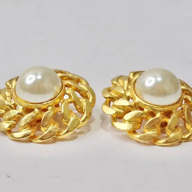 1980s 14K Gold Plated Faux Pearl Earrings