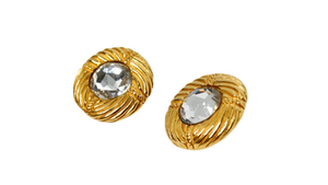 1990s Chanel Round Gold Tone Ribbed Rhinestone Clip-On Earrings