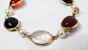 1970s Scarab Carved Multi-Gemstone & Pearl 12k Gold Filled Bracelet
