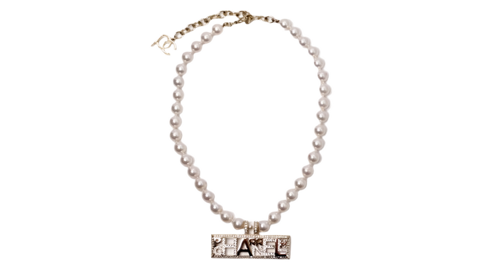 Chanel x Pharrell Williams Crystal Logo Costume Pearl Necklace 2019