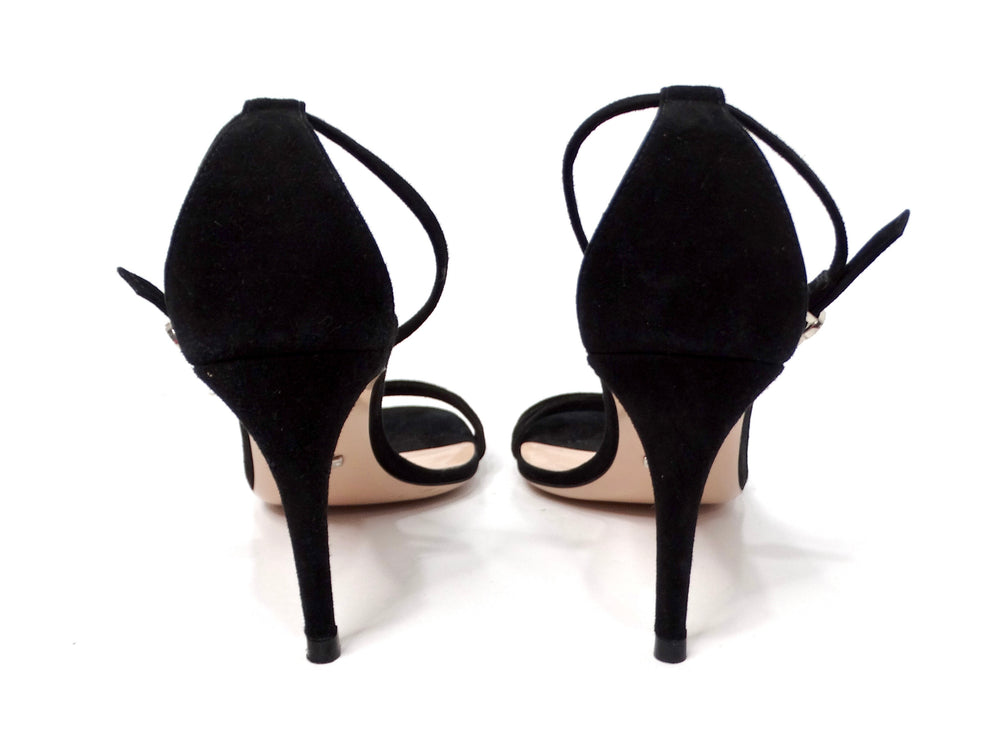Gucci Black Suede Kid Scamosciato Crystal GG Ankle Strap High Heel Sandals