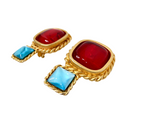 1991 Chanel Statement Red & Blue Cabochon Gold Tone Clip-On Earrings