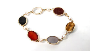 1970s Scarab Carved Multi-Gemstone & Pearl 12k Gold Filled Bracelet