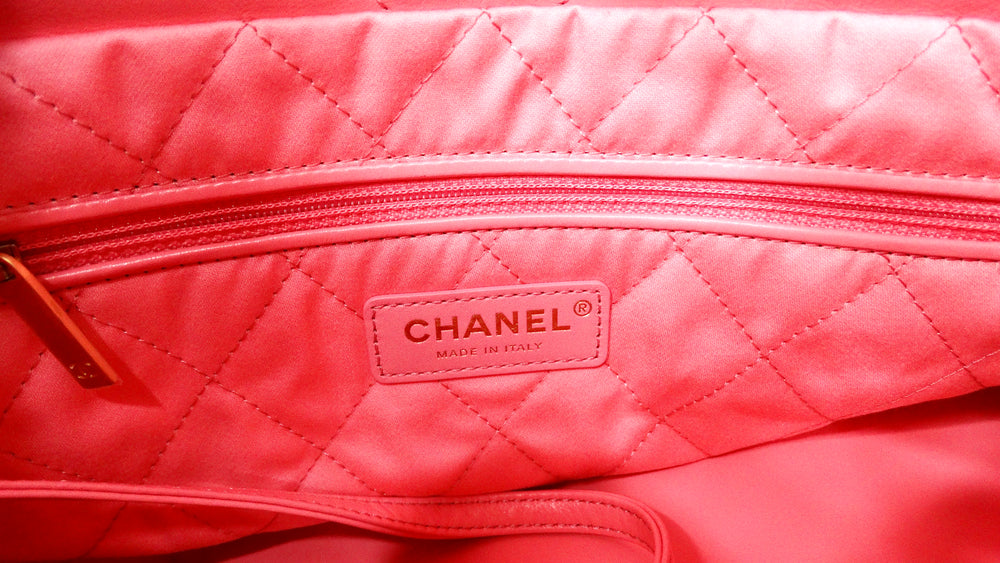 Chanel 22 Small Coral Shiny Quilted Calfskin Tote Bag