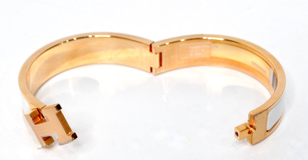 Hermes Clic H 18k Gold Plated & White Enamel Bangle Bracelet