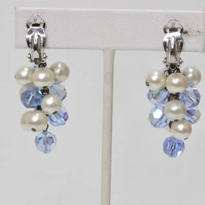 1980s Faux Pearl Blue Rhinestone Dangle Earrings