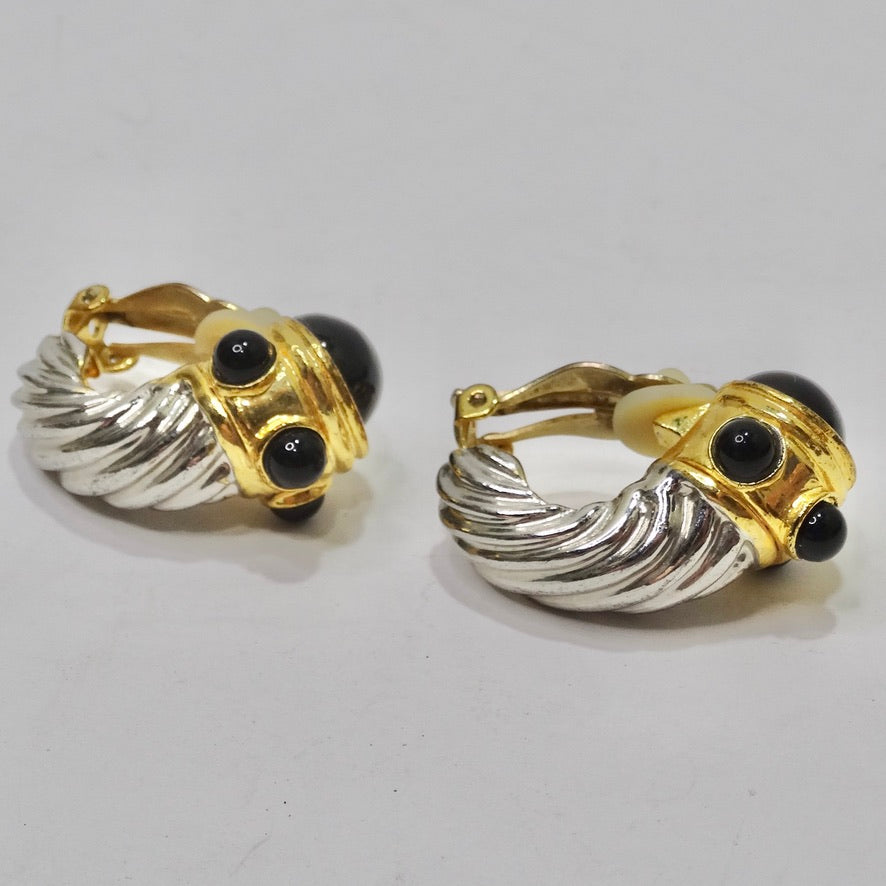 David Yurman Inspired Gold and Silver Tone Onyx Huggie Earrings