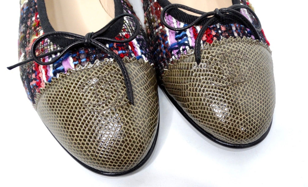 Chanel Tweed Lizard Interlocking CC Cap Toe Ballet Flats