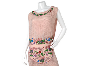 Pink Handmade Glass Beaded Embroidery Print Sleeveless Dress circa 1940s
