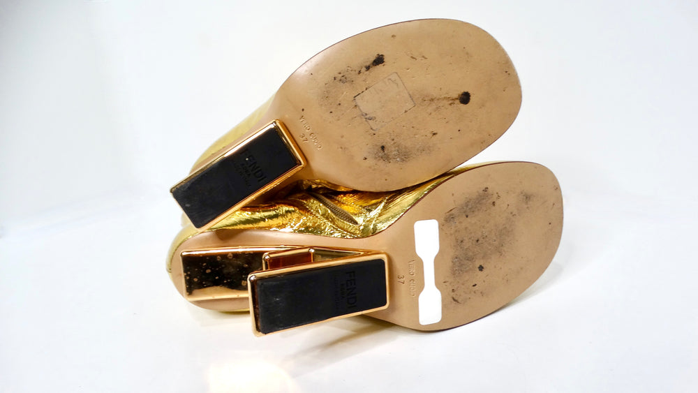 Fendi Gold-Tone Laminated Craquele Nappa Fendi First Booties