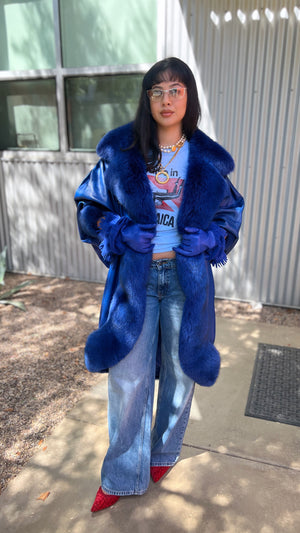 Jean Claude Jitoris Custom Made Cobalt Blue Fox Fur & Leather Coat circa 1990s