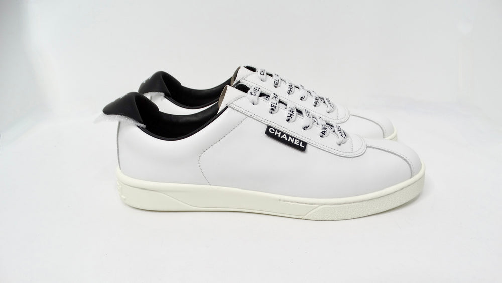 Chanel White & Black Calfskin Leather Sneakers