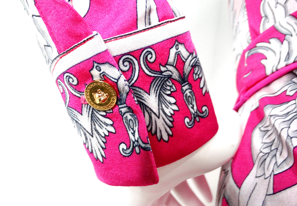 Versace Hot Pink Cutout Baroque Print Long-Sleeve Belted Dress