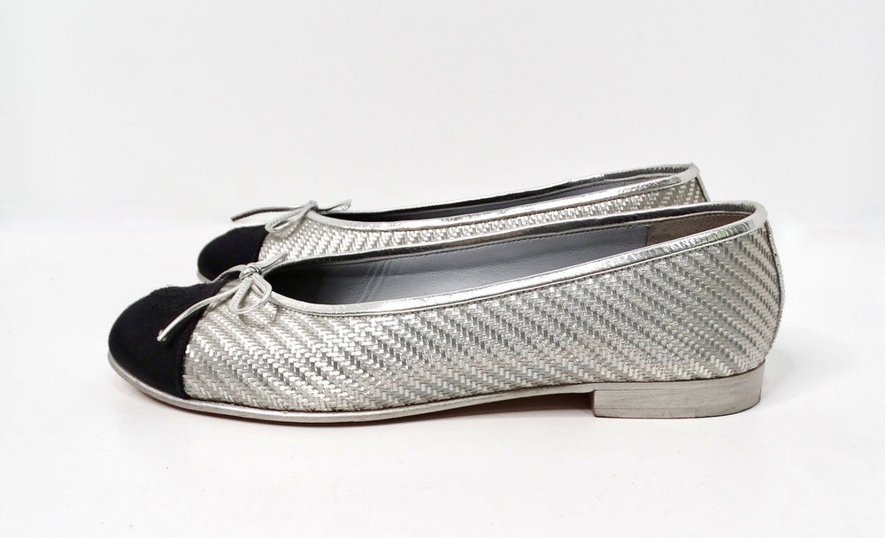 Chanel Silver Metallic PVC Woven Grosgrain Black Cap Toe Ballet Flats