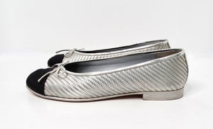 Chanel Silver Metallic PVC Woven Grosgrain Black Cap Toe Ballet Flats