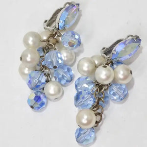 1980s Faux Pearl Blue Rhinestone Dangle Earrings