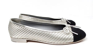 Chanel Silver Metallic PVC Woven Grosgrain Black Cap Toe Ballet Flats