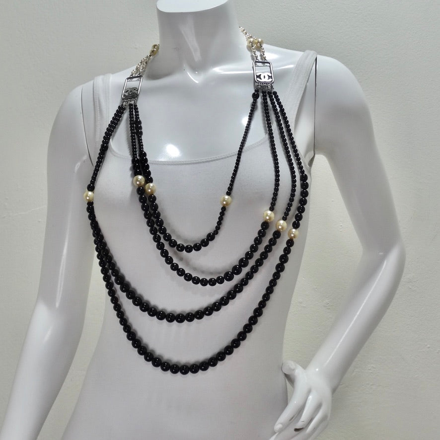AUTHENTIC Classic Chanel Silver CC Pearl Embellished Necklace Long Multi  Strand