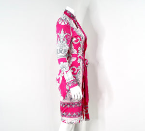 Versace Hot Pink Cutout Baroque Print Long-Sleeve Belted Dress