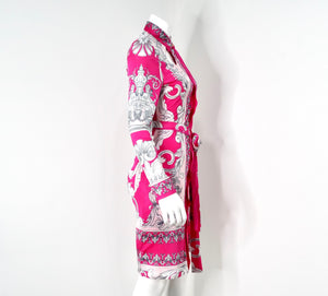 Versace Hot Pink Cutout Baroque Print Long-Sleeve Belted Dress Versace Hot Pink Cutout Baroque Print Long-Sleeve Belted Dress