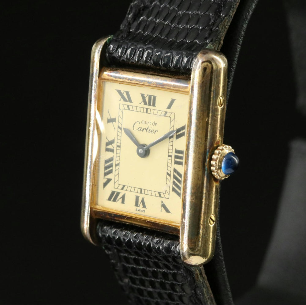 Cartier Tank "Must de Cartier" Black Leather Wrist Watch circa 1970s