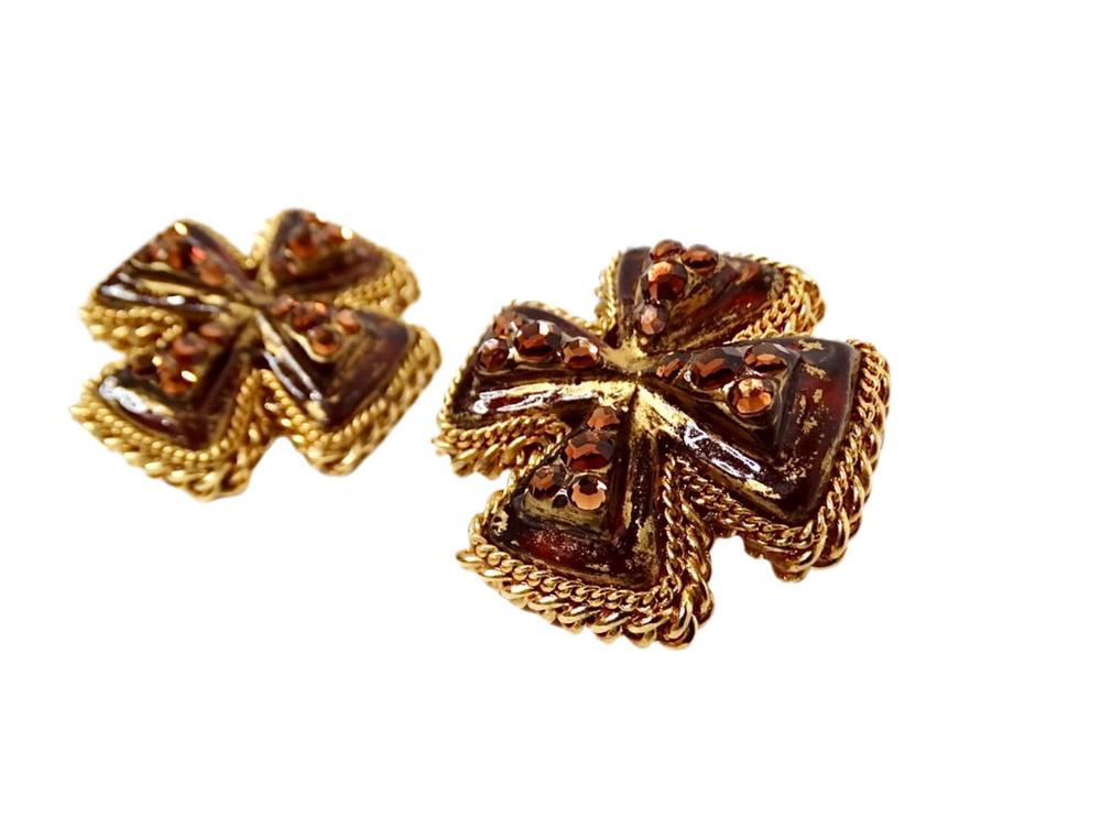 1980s Brown Resin Cross Motif Rhinestone Embellished Earrings