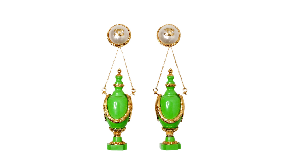 Chanel Collectible Green Resin Gold Plated Vase Drop Earrings circa 1980s