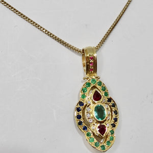 Diamond Ruby Emerald Sapphire 18K Gold Necklace with Pendent