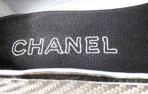 Chanel Silver Metallic PVC Woven Grosgrain Black Cap Toe Ballet Flats