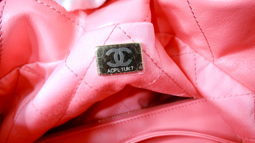 Chanel 22 Small Coral Shiny Quilted Calfskin Tote Bag