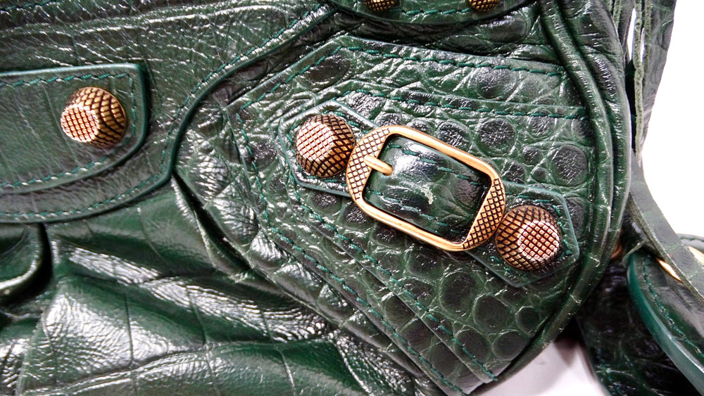 Balenciaga Le Cagole Green Leather Croc Embossed Shoulder Bag circa 2022
