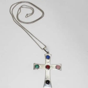 1980s Silver Cross Multi Stone Necklace