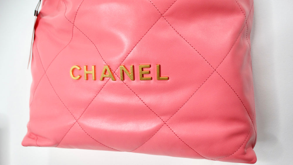 Chanel 22 Small Coral Shiny Quilted Calfskin Tote Bag