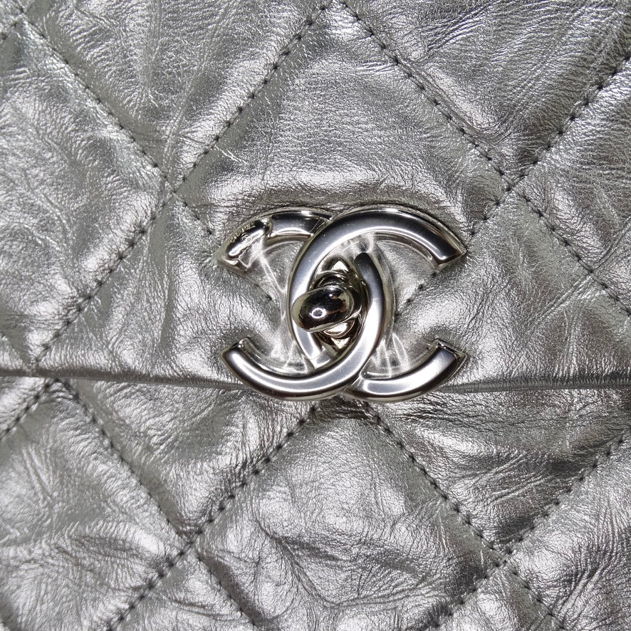 Chanel So Black Classic Double Flap Bag Chevron Crumpled Metallic Patent  Medium Black 844393