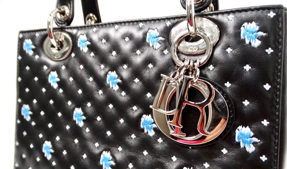 Christian Dior Black Calfskin Embroidered Flower Lady Dior Handbag circa 2015