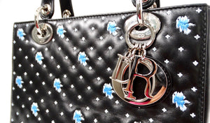 Christian Dior Black Calfskin Embroidered Flower Lady Dior Handbag circa 2015