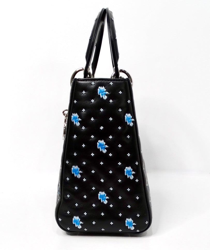 Christian Dior Black Calfskin Embroidered Flower Lady Dior Handbag circa 2015