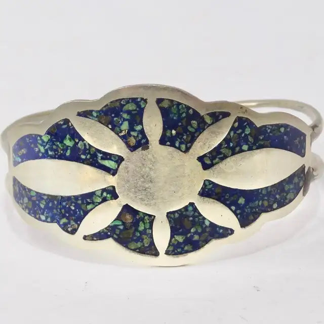 1980s Silver and Turquoise Inlay Sun Motif Cuff Bracelet