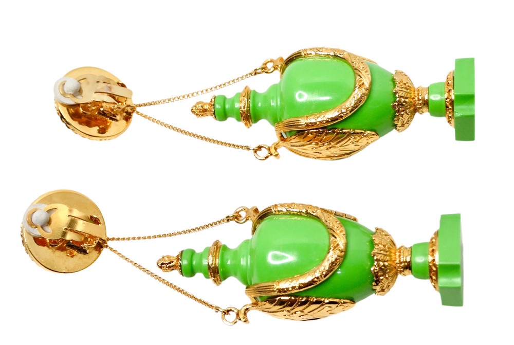 Chanel Collectible Green Resin Gold Plated Vase Drop Earrings circa 1980s