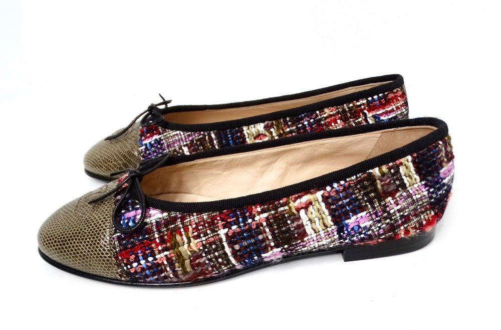 Chanel Tweed Lizard Interlocking CC Cap Toe Ballet Flats